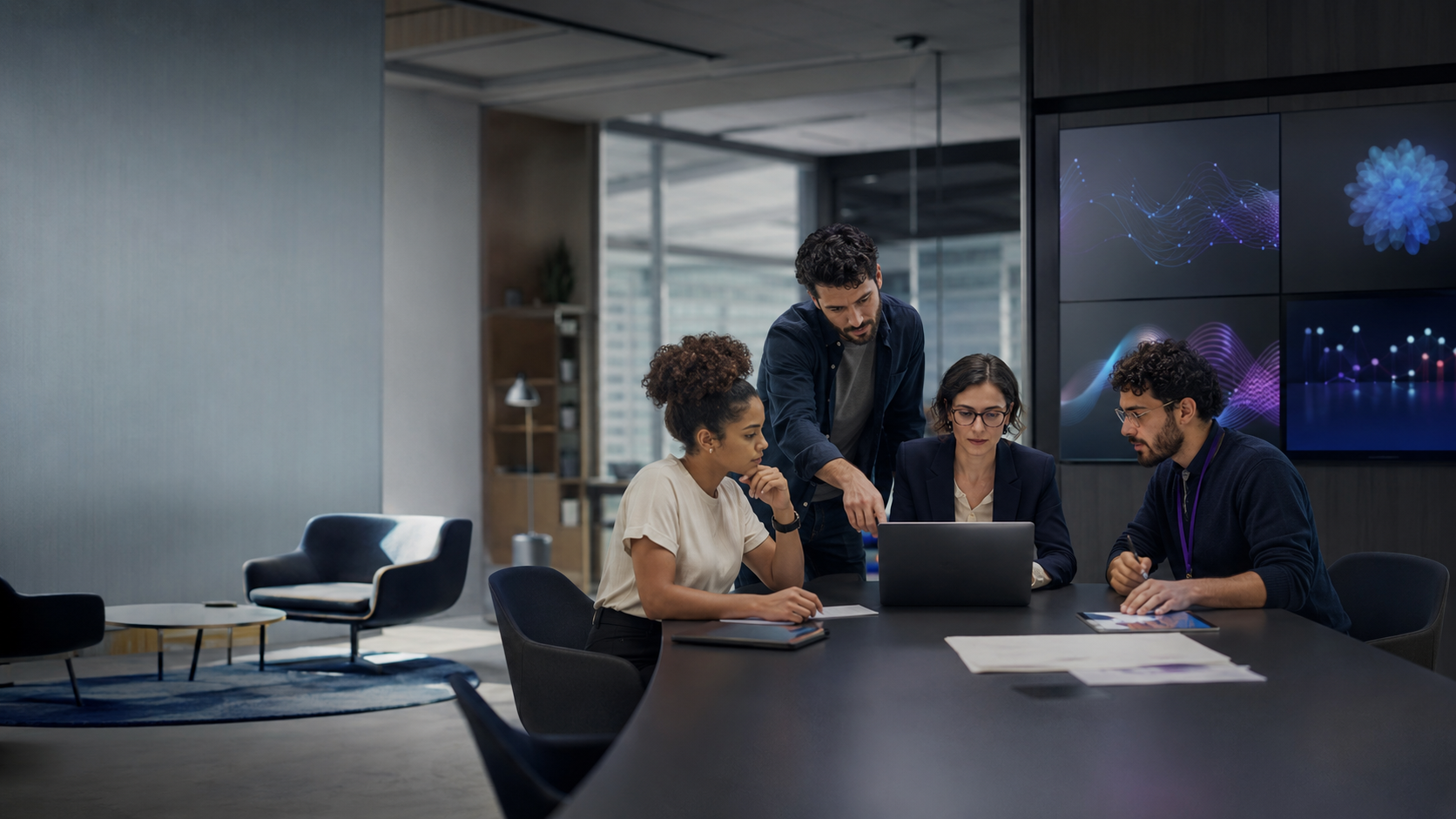 Equipe diversa colaborando em um ambiente corporativo de tecnologia